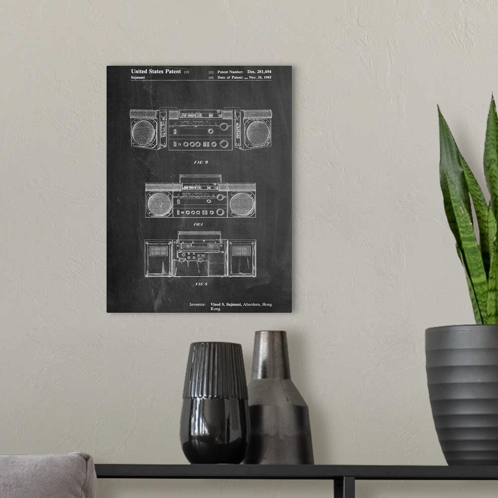 A modern room featuring Black and white diagram showing the parts of a stereo sound system.