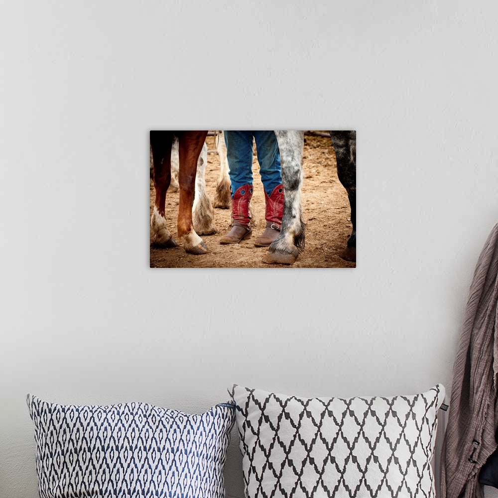 A bohemian room featuring Photograph of red cowboy boots and horse hooves.