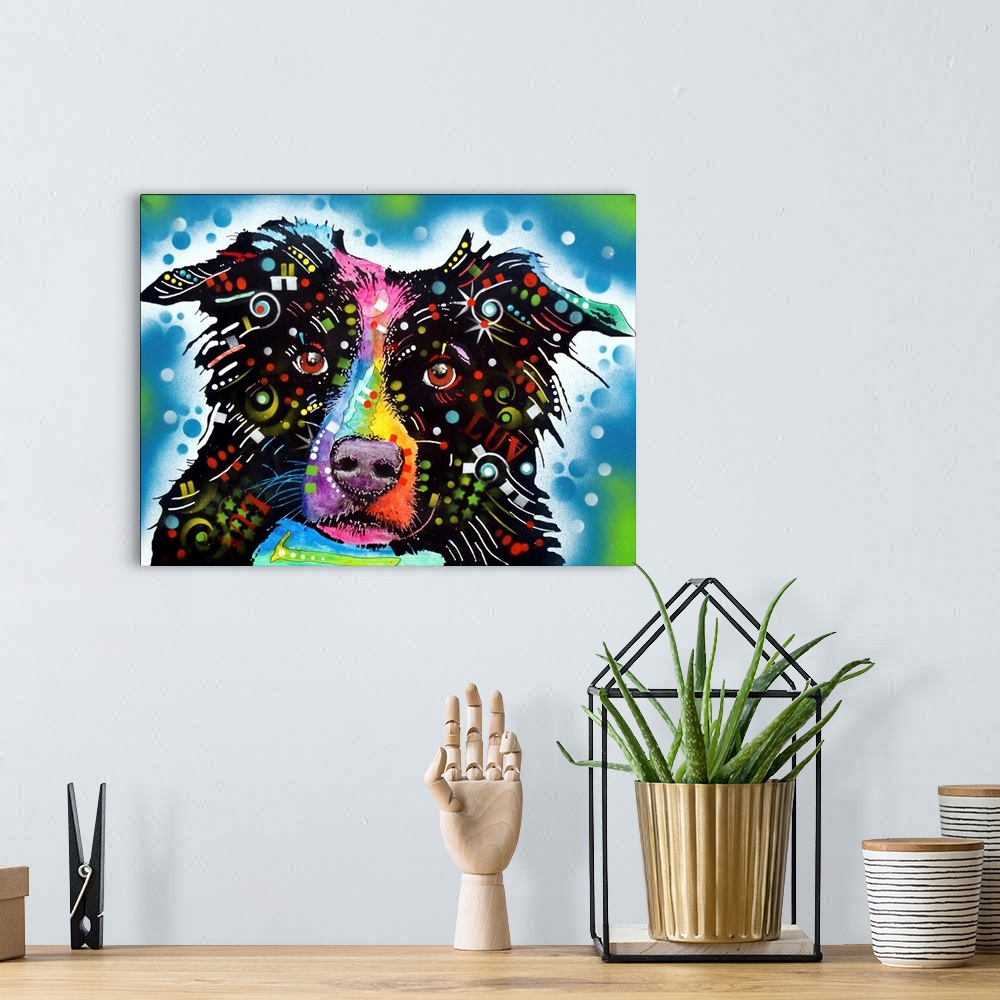 A bohemian room featuring Contemporary stencil painting of a border collie filled with various colors and patterns.