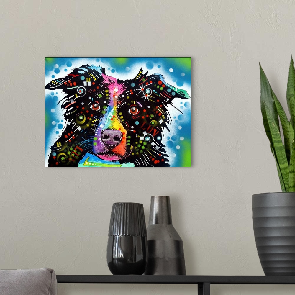 A modern room featuring Contemporary stencil painting of a border collie filled with various colors and patterns.