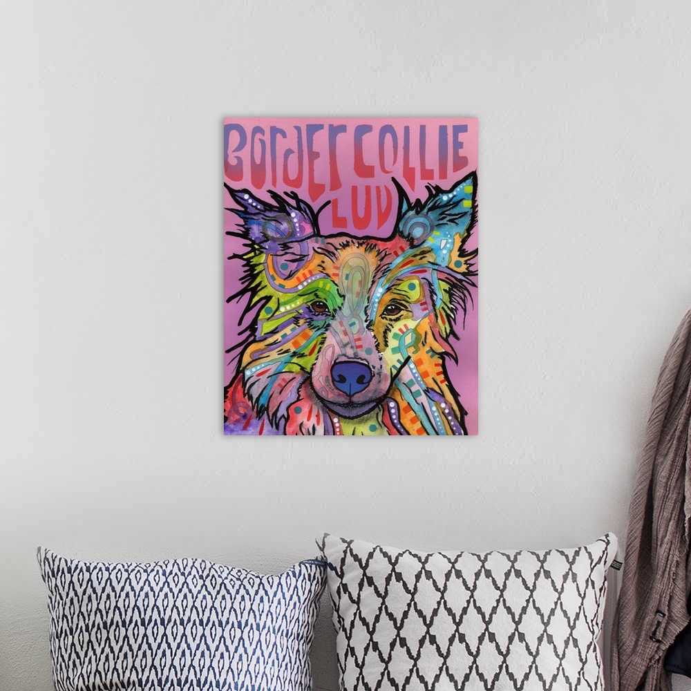 A bohemian room featuring Colorful painting of a Border Collie with graffiti-like designs on a pink and purple background w...