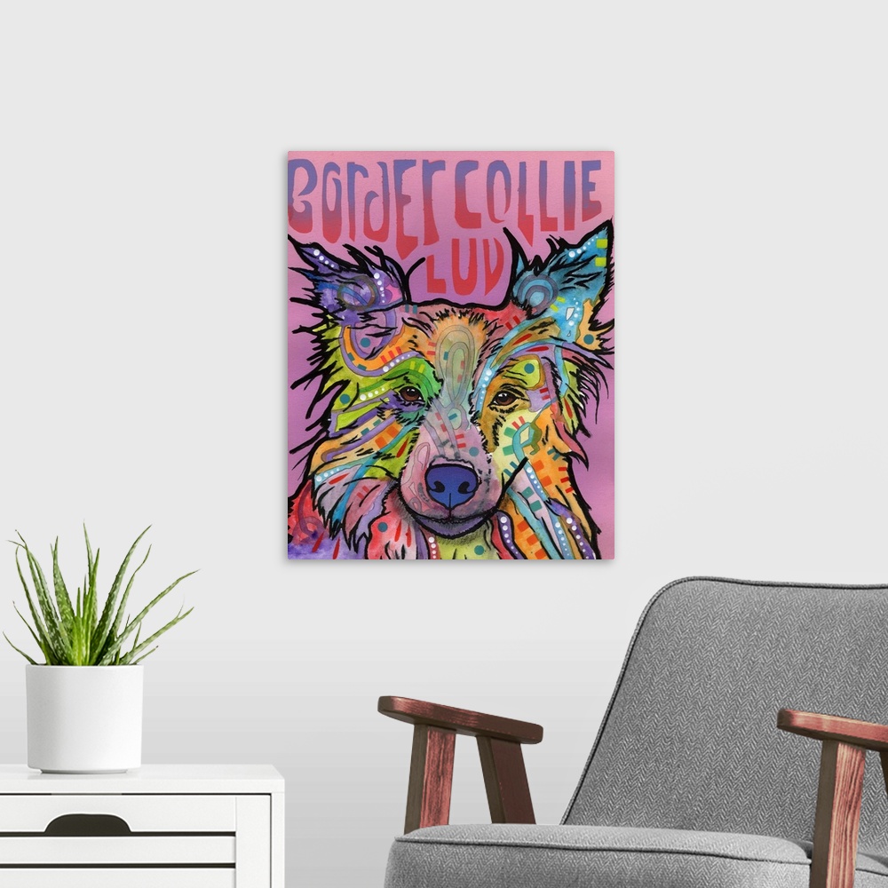 A modern room featuring Colorful painting of a Border Collie with graffiti-like designs on a pink and purple background w...