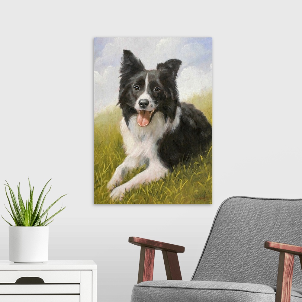 A modern room featuring Contemporary painting of a border collie.