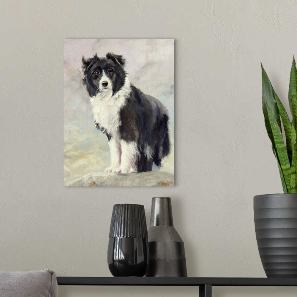 A modern room featuring Contemporary painting of a border collie.