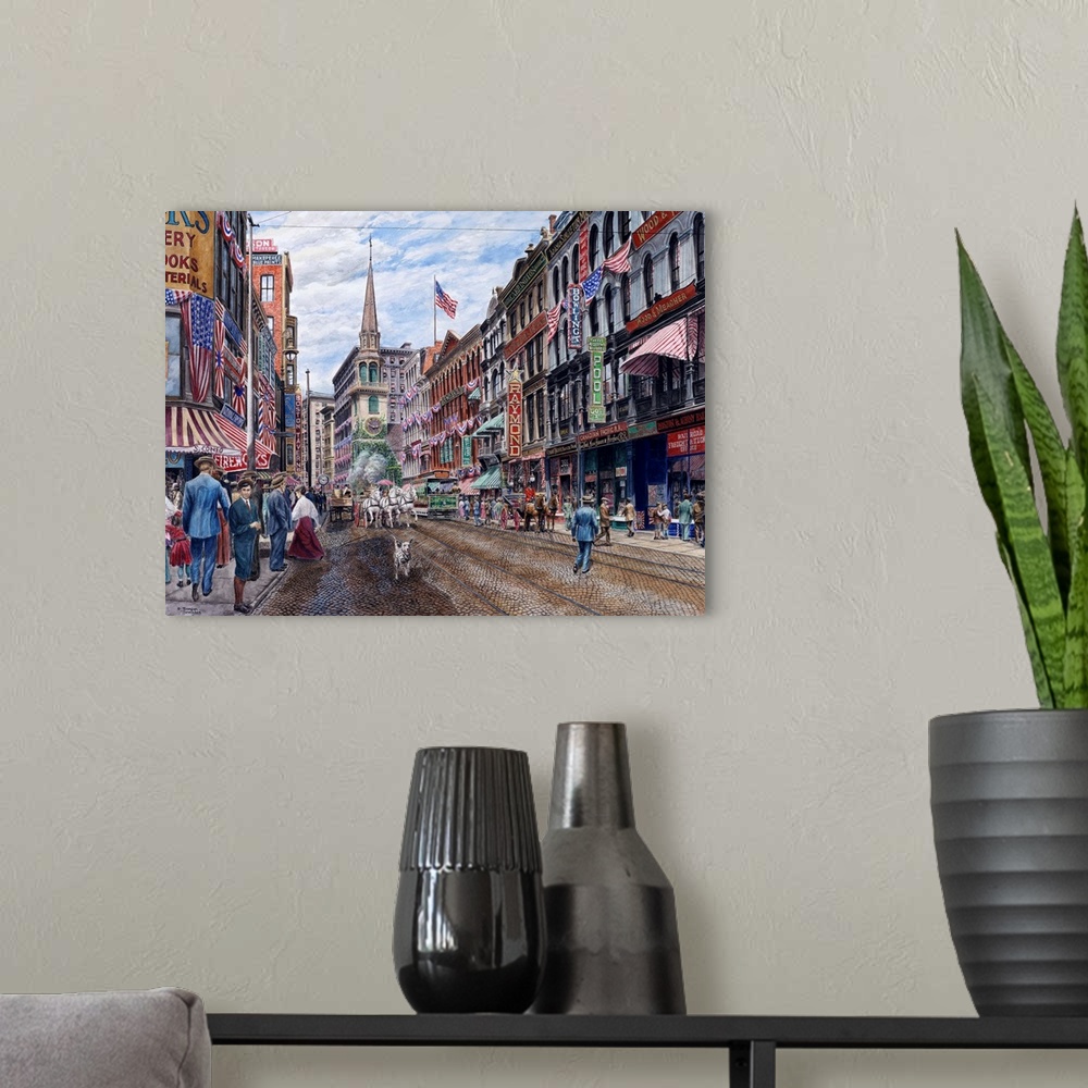 A modern room featuring Contemporary painting of a bustling street in Boston.