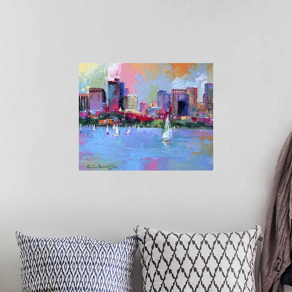 A bohemian room featuring Contemporary colorful painting of an urban skyline.