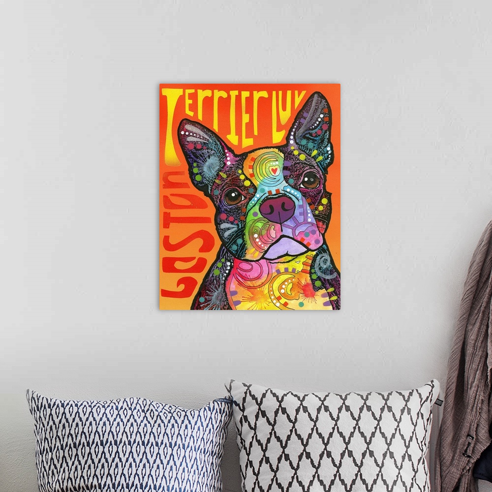 A bohemian room featuring "Boston Terrier Luv" written around a colorful painting of a Boston Terrier with abstract marking...