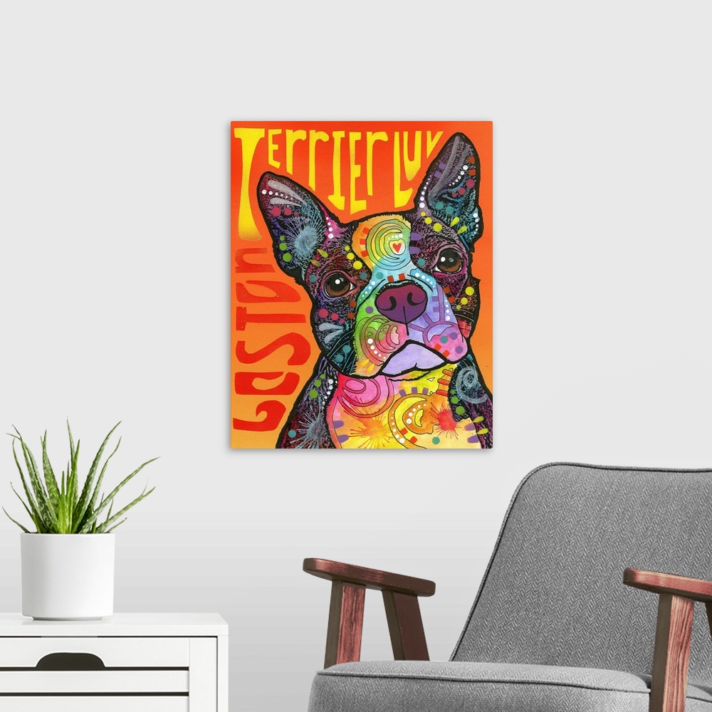 A modern room featuring "Boston Terrier Luv" written around a colorful painting of a Boston Terrier with abstract marking...