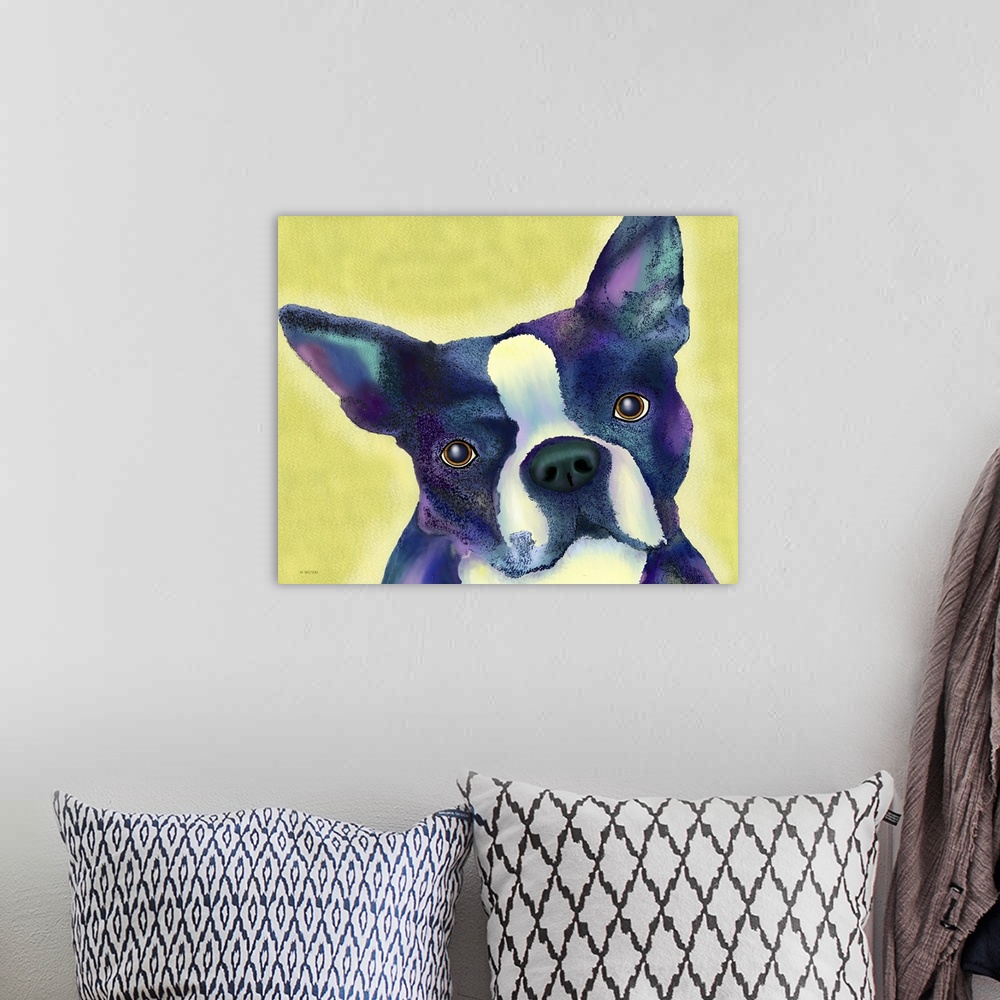 A bohemian room featuring Contemporary colorful artwork of a dog against a colorful background.