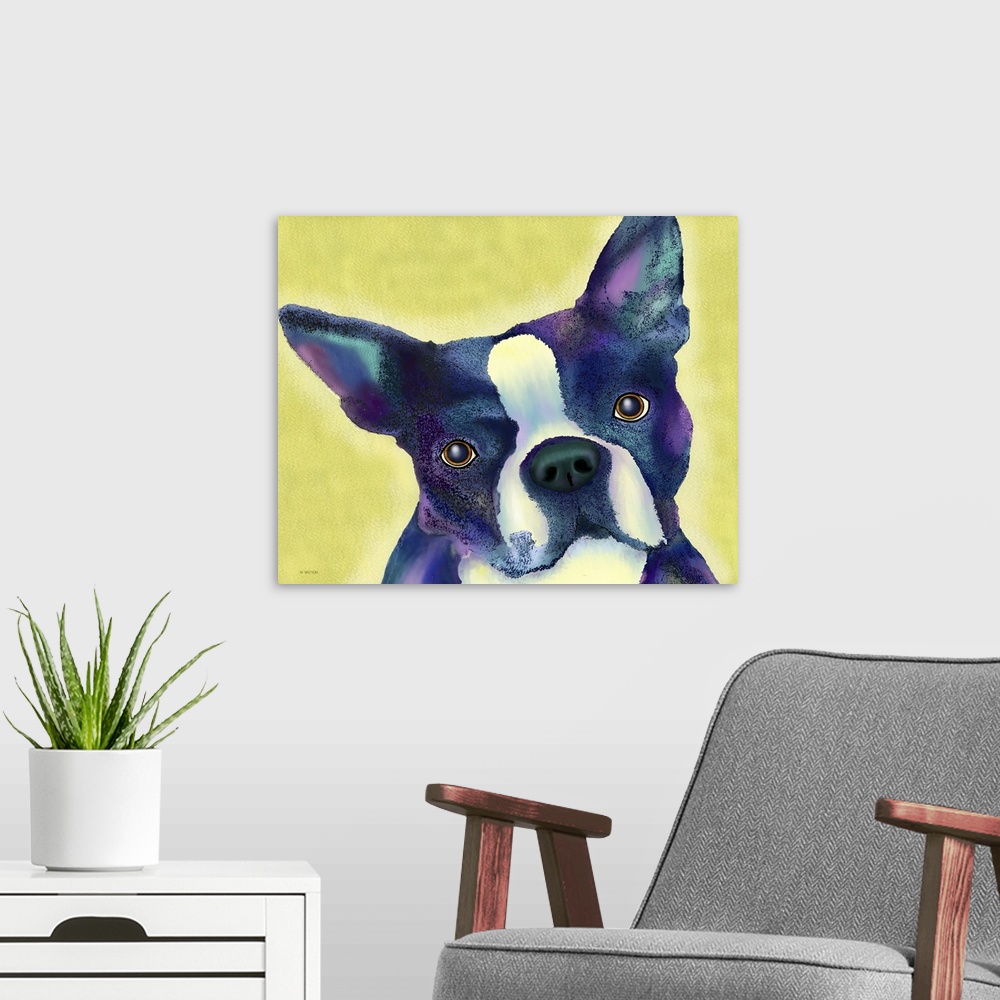 A modern room featuring Contemporary colorful artwork of a dog against a colorful background.