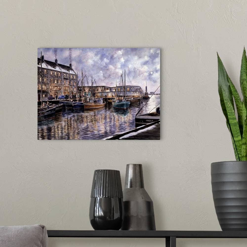 A modern room featuring Contemporary painting of a harbor filled with fishing boats.