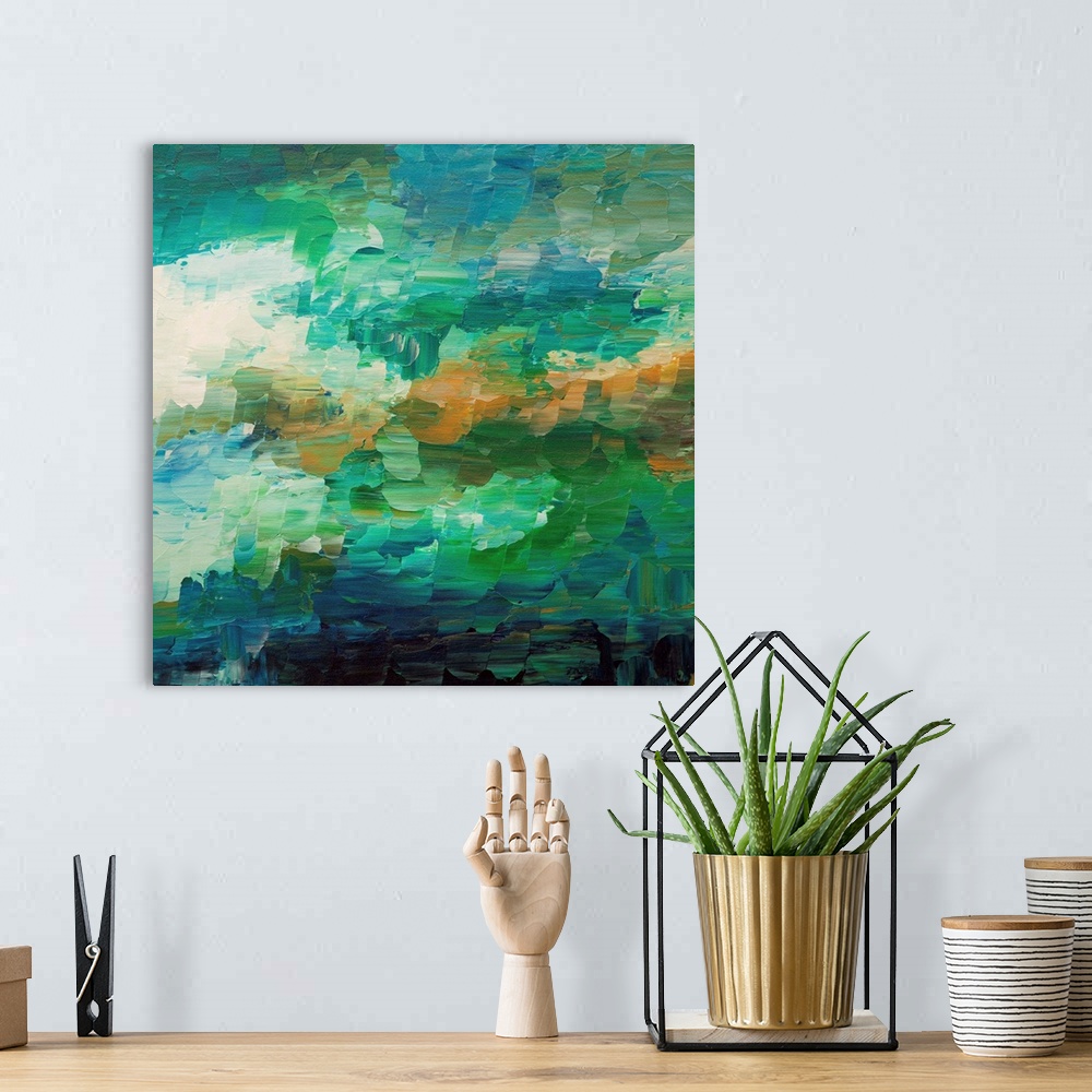 A bohemian room featuring Contemporary abstract painting in cool blues and greens.