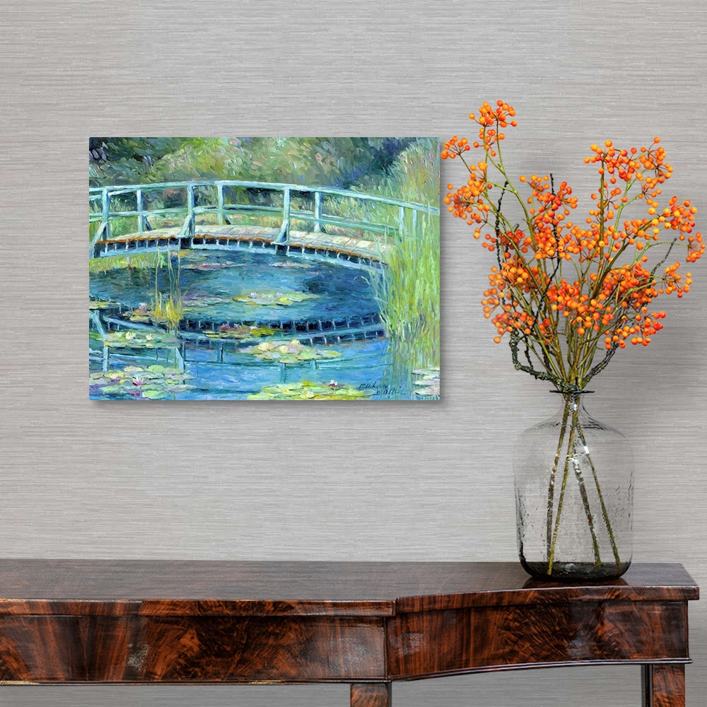A traditional room featuring Painting of a garden with a pond and bridge over it.