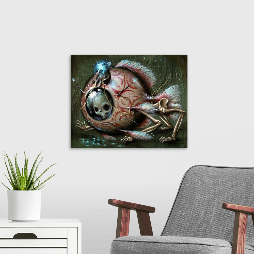 A modern room featuring Surrealist painting of a creature with a glass cube-like head sitting atop a skeleton wearing a f...