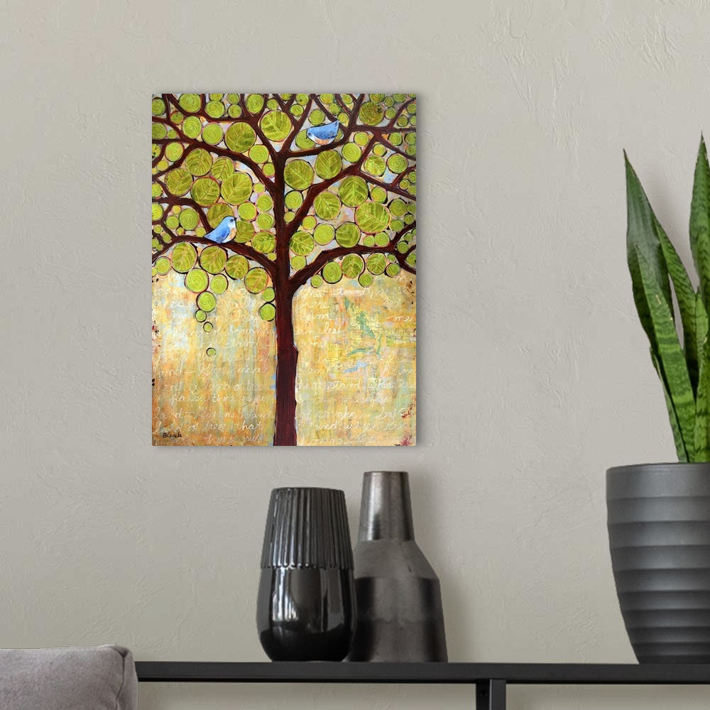 A modern room featuring Lighthearted contemporary painting of a tree with blue birds perched on the on the branches.