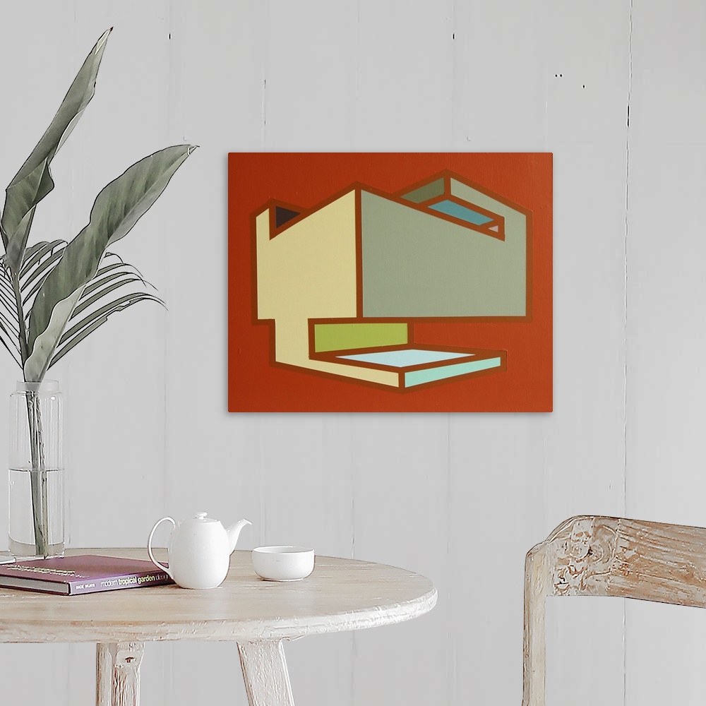 A farmhouse room featuring Contemporary colorful abstract painting of a three dimensional geometric shape.