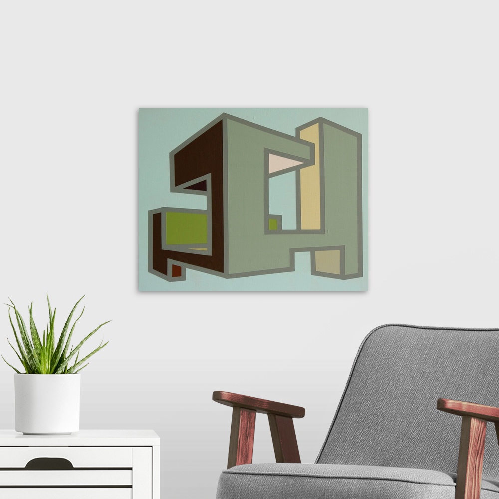 A modern room featuring Contemporary colorful abstract painting of a three dimensional geometric shape.