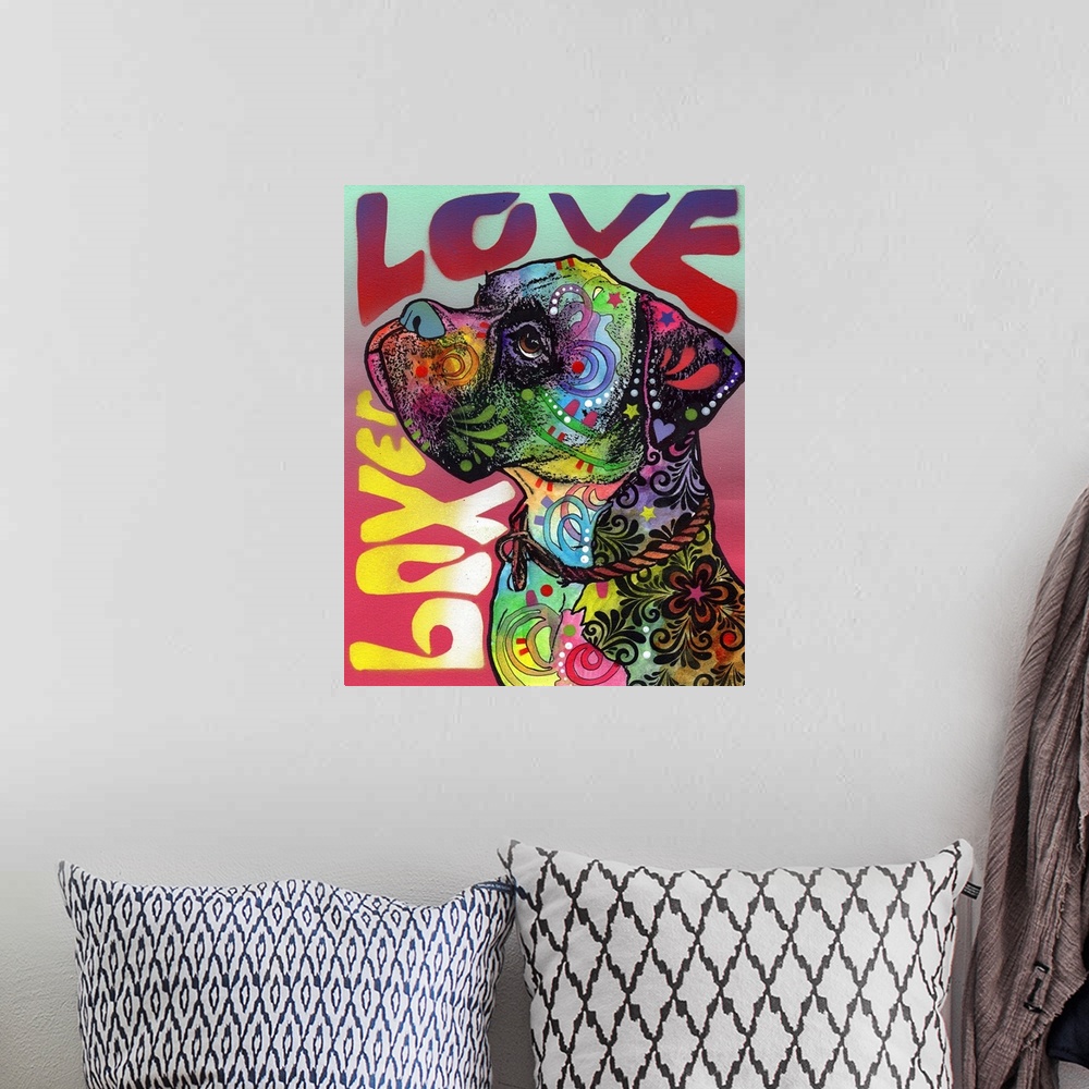 A bohemian room featuring "Boxer Love" written around a colorful painting of a Boxer with abstract markings and a rope collar.