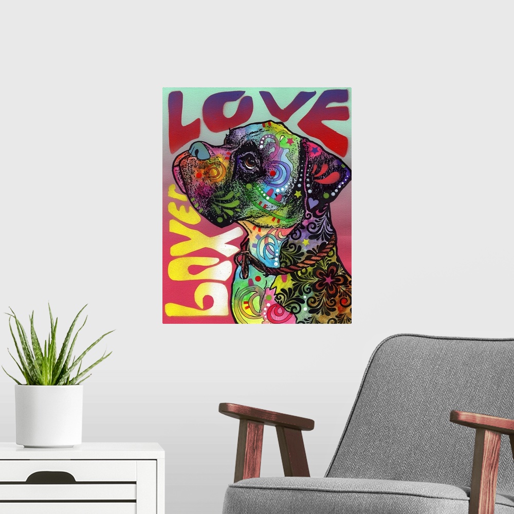 A modern room featuring "Boxer Love" written around a colorful painting of a Boxer with abstract markings and a rope collar.