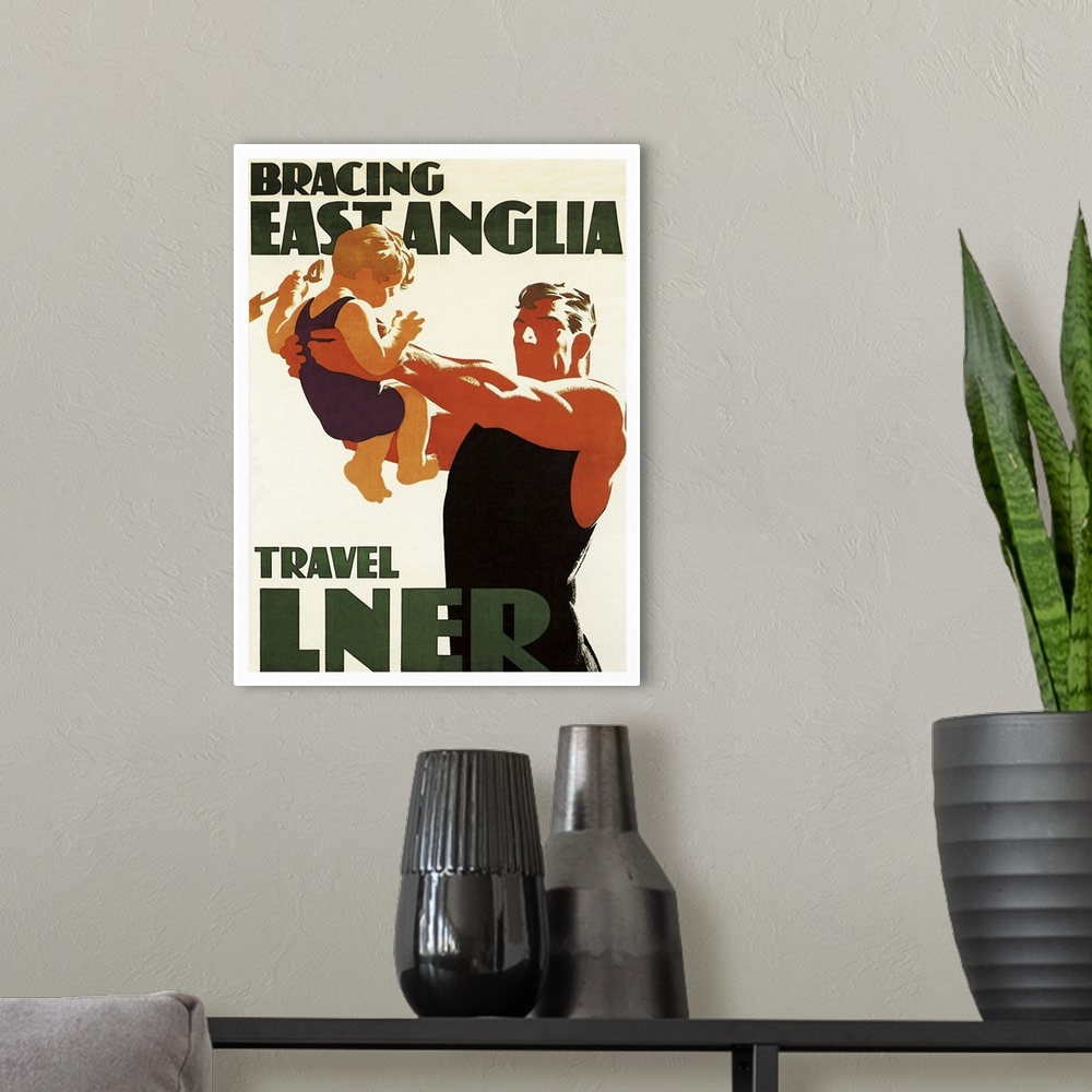 A modern room featuring Vintage travel advertisement for a travel liner.