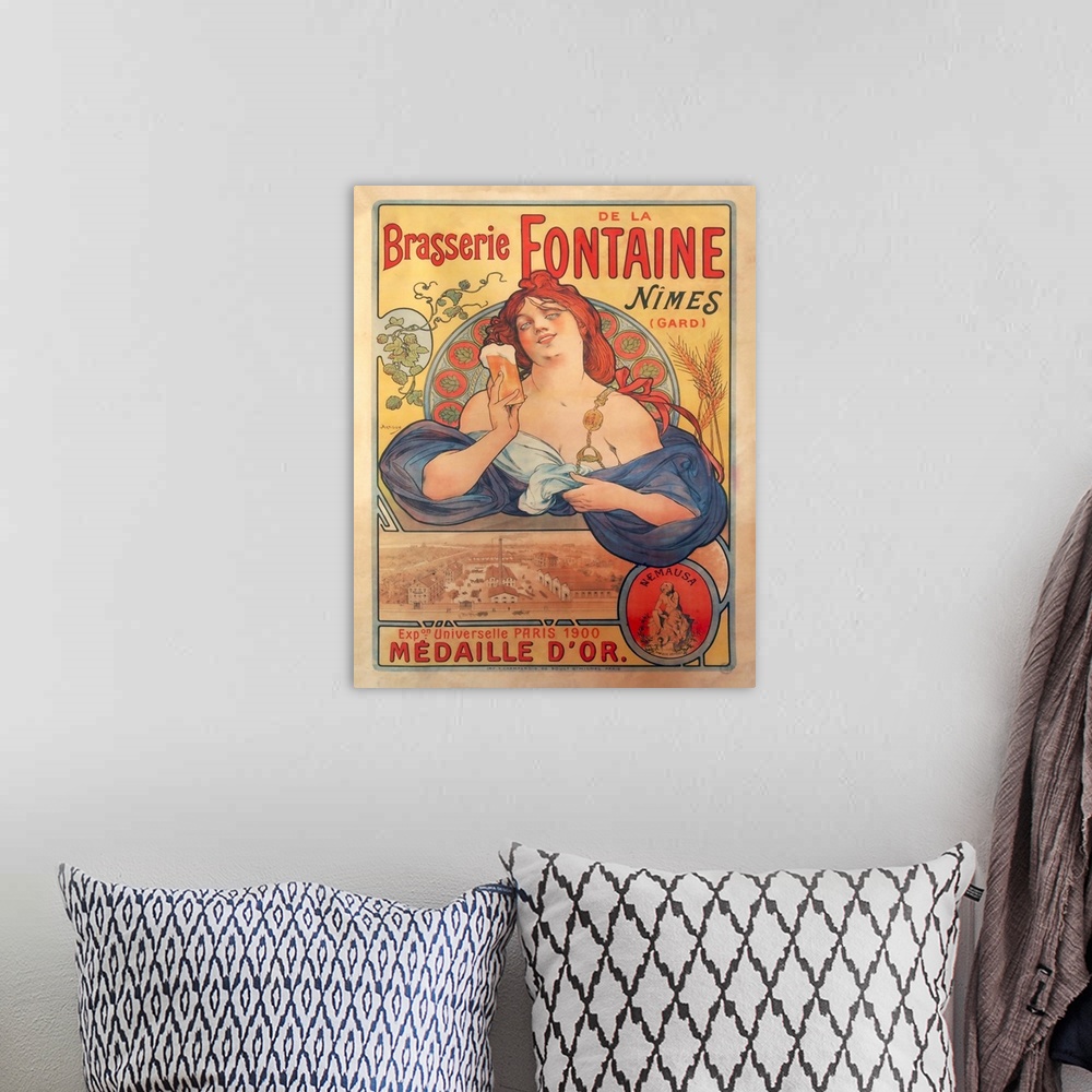 A bohemian room featuring Brasserie Fontaine - Vintage Advertisement