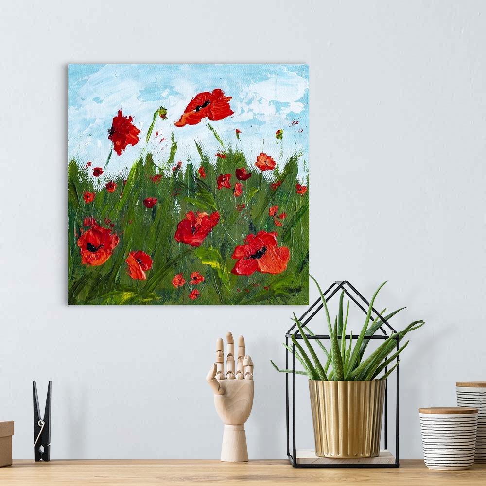 A bohemian room featuring Red poppy flowers in a field original painting by contemporary artist Melissa McKinnon, poppy, po...