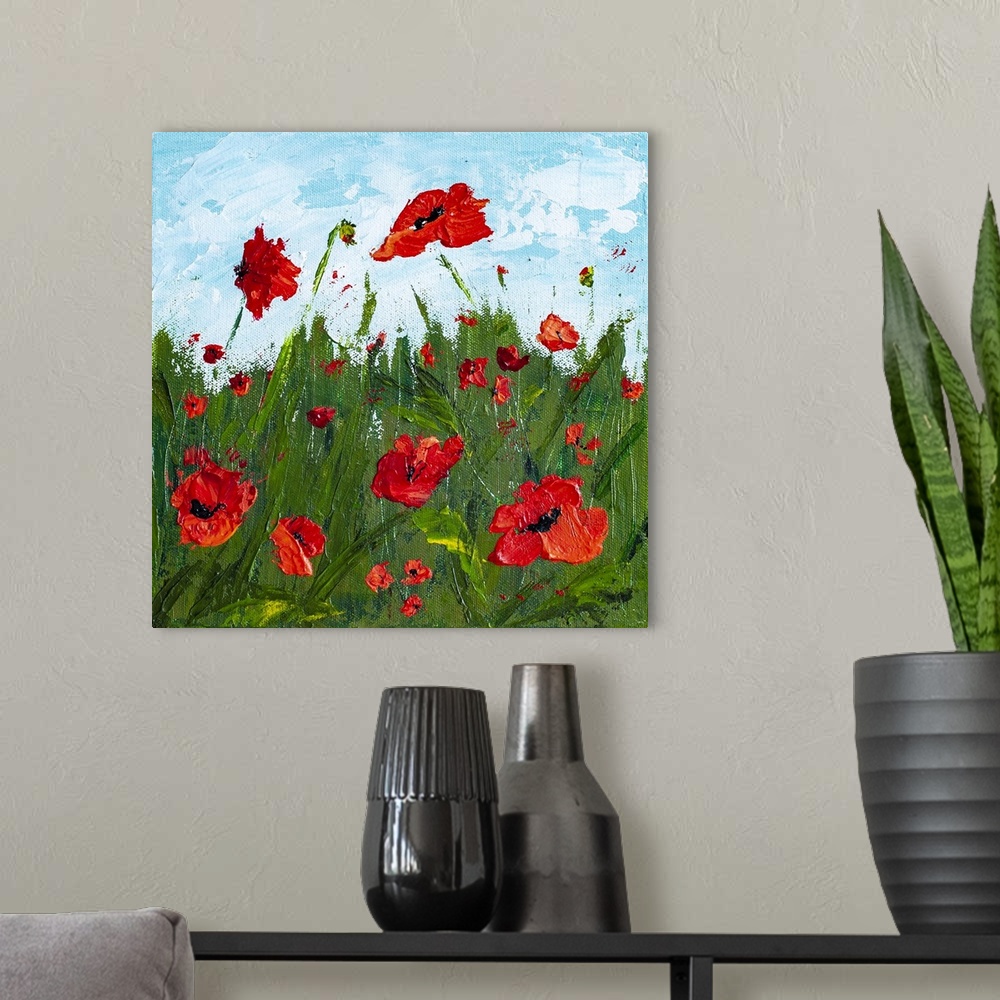 A modern room featuring Red poppy flowers in a field original painting by contemporary artist Melissa McKinnon, poppy, po...