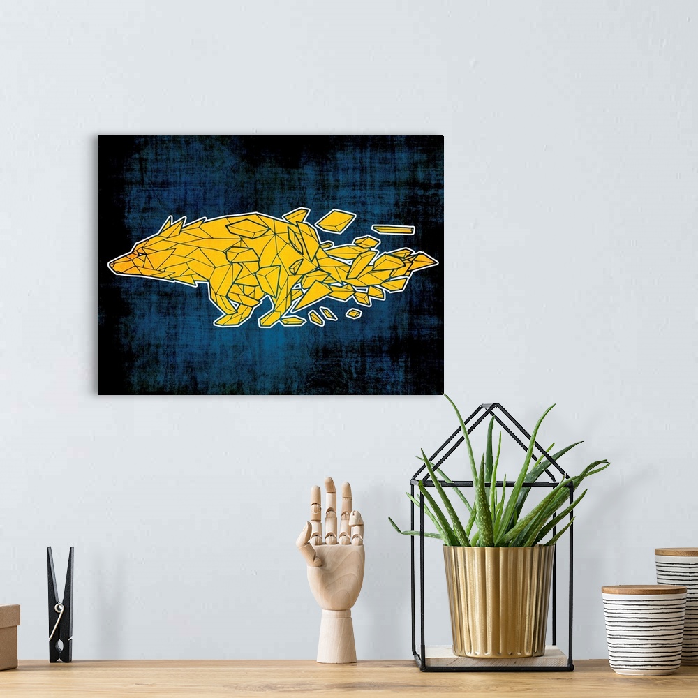 A bohemian room featuring Illustration of a yellow wolf made out of geometric shapes on a dark blue and black background.