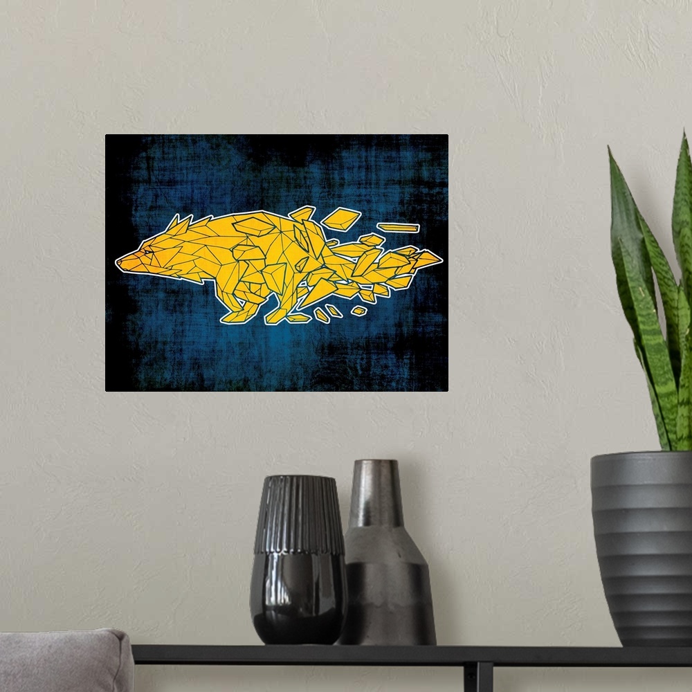 A modern room featuring Illustration of a yellow wolf made out of geometric shapes on a dark blue and black background.