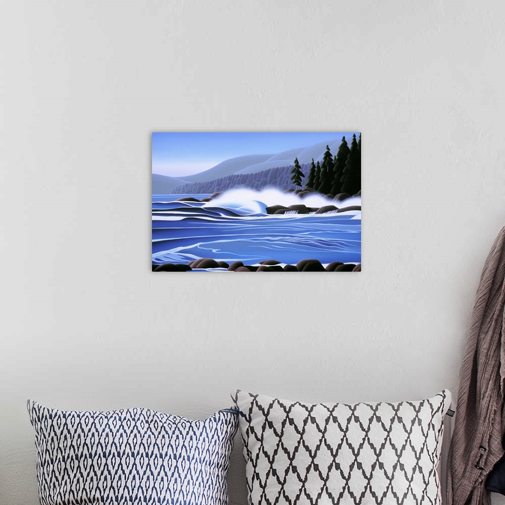 A bohemian room featuring Waves crashing over rocks with mountains and pine trees.
