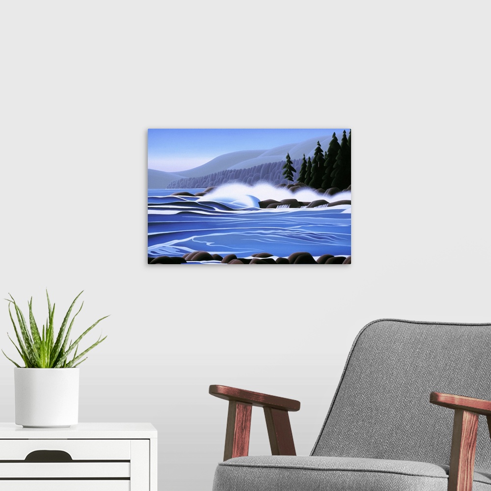 A modern room featuring Waves crashing over rocks with mountains and pine trees.