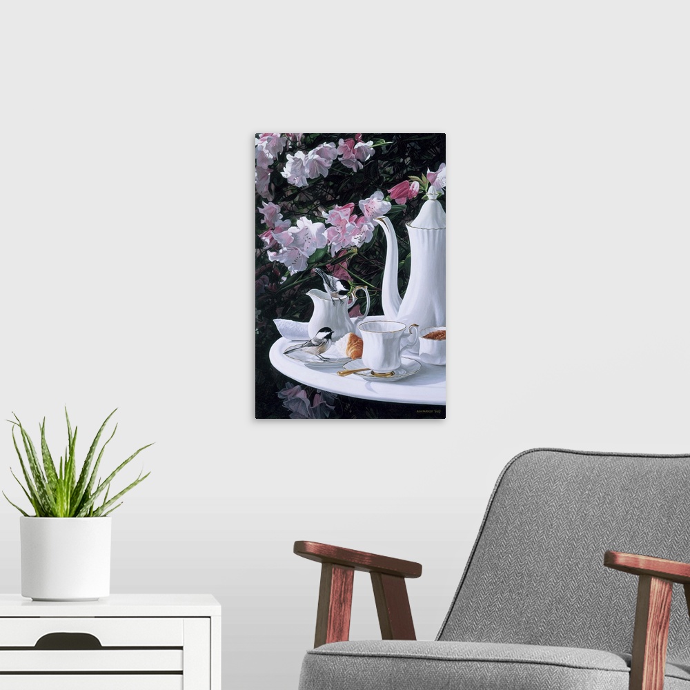 A modern room featuring breakfast tray with one bird perched on the creamer and one perched on a plate with part of a cro...