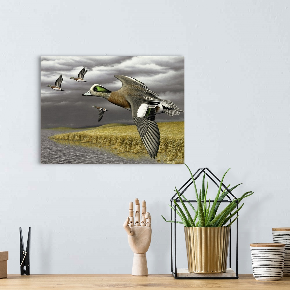 A bohemian room featuring A contemporary idyllic painting of a duck flying through the air.