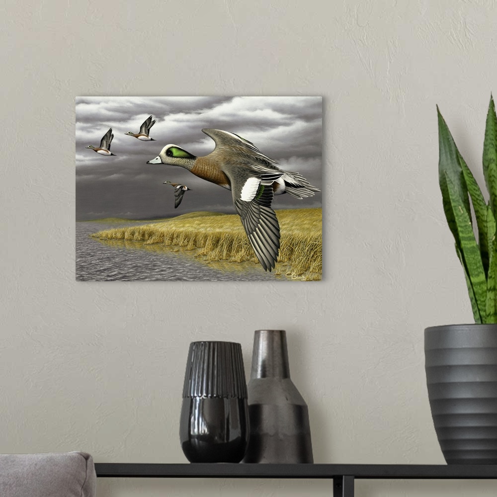 A modern room featuring A contemporary idyllic painting of a duck flying through the air.