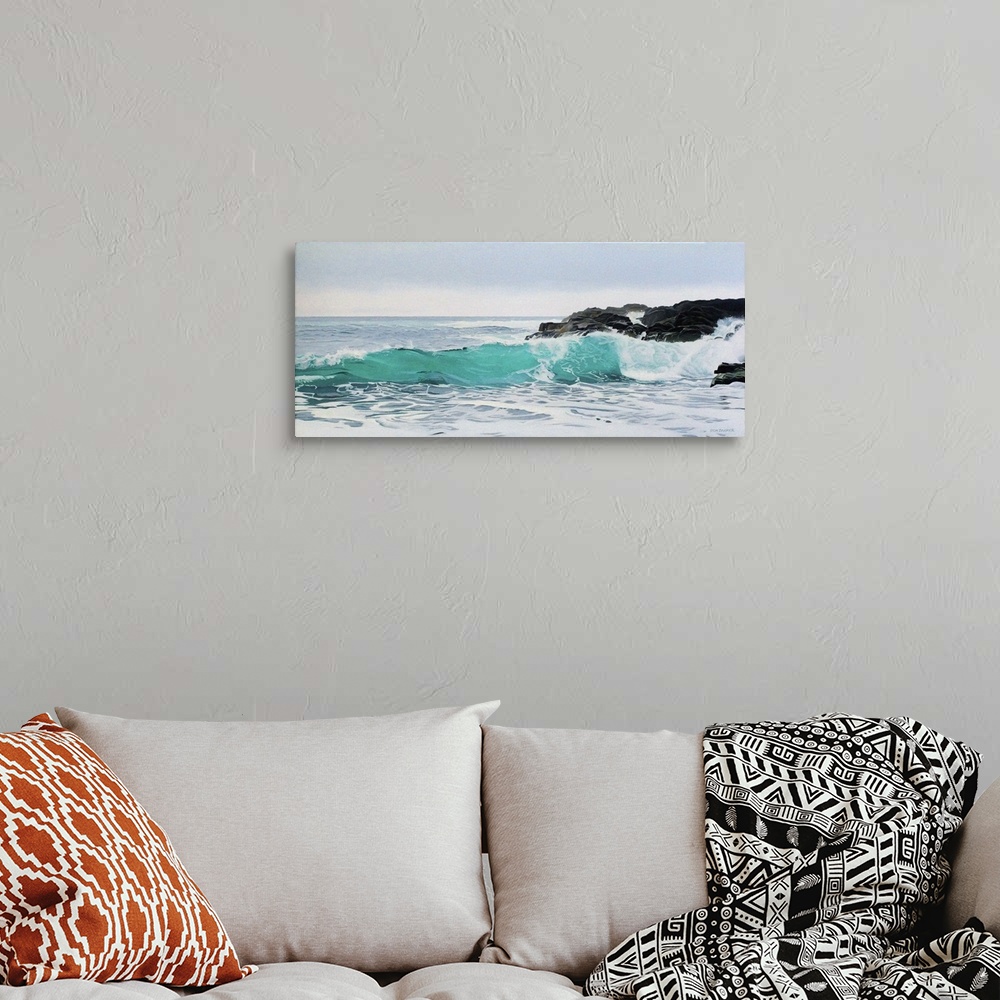 A bohemian room featuring Contemporary painting of an idyllic coastal scape.