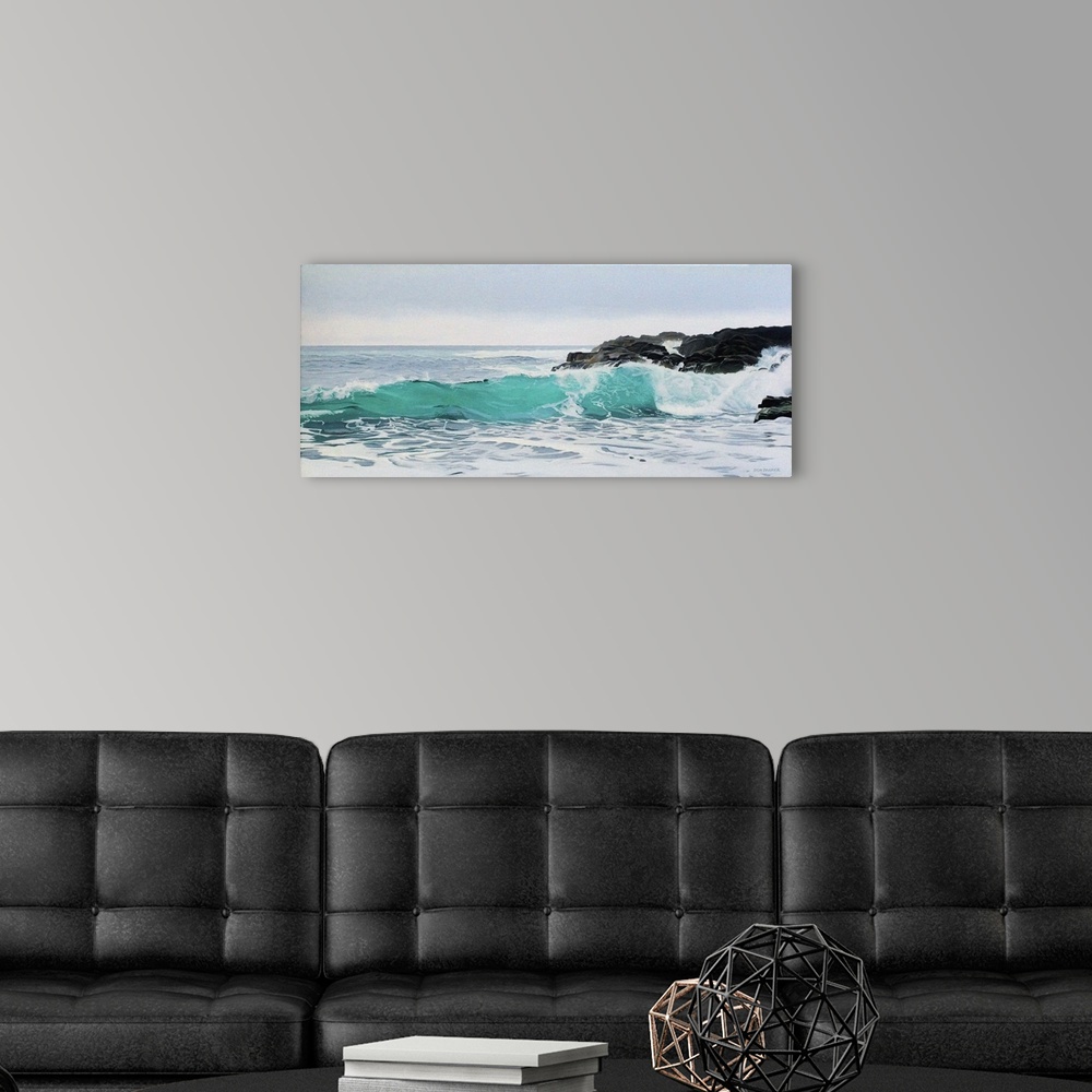 A modern room featuring Contemporary painting of an idyllic coastal scape.