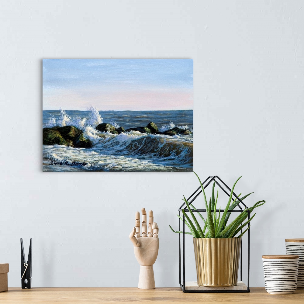 A bohemian room featuring Contemporary artwork of a seascape with splashing waves.