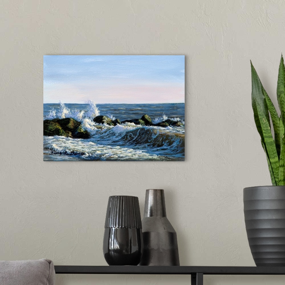 A modern room featuring Contemporary artwork of a seascape with splashing waves.