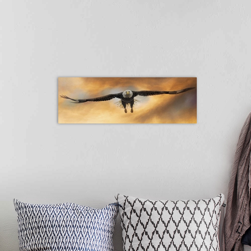 A bohemian room featuring Artwork of a bald eagle soaring through the sky.