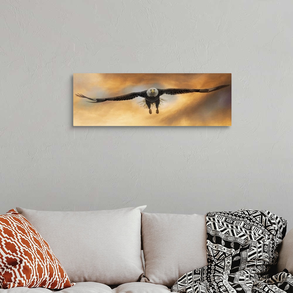 A bohemian room featuring Artwork of a bald eagle soaring through the sky.