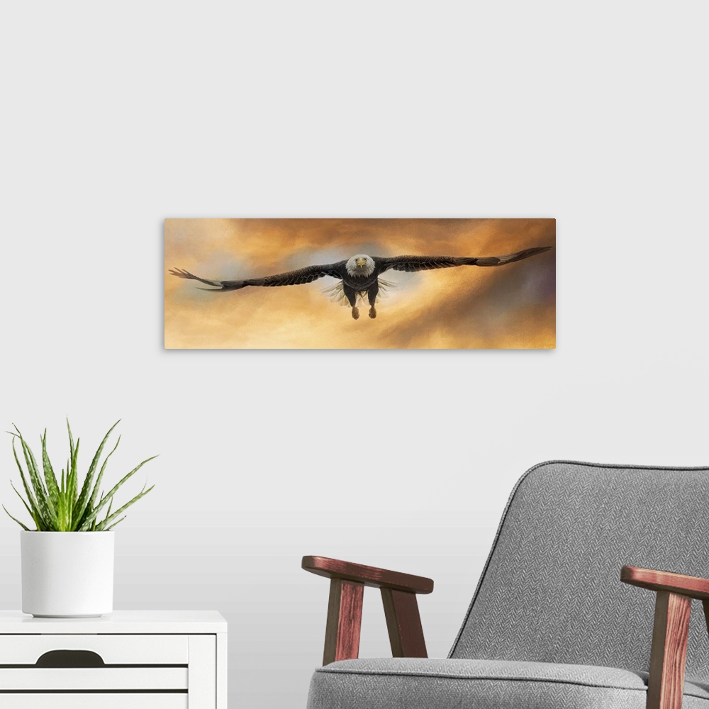 A modern room featuring Artwork of a bald eagle soaring through the sky.
