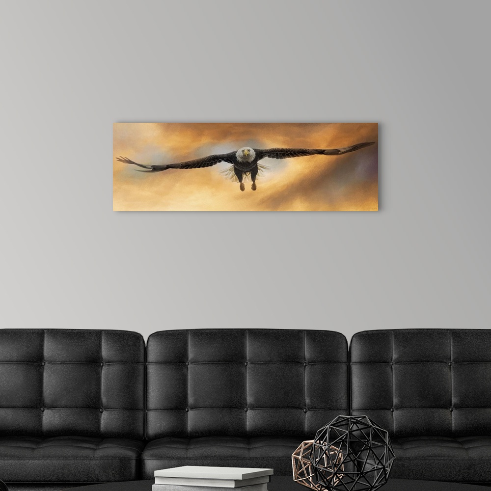 A modern room featuring Artwork of a bald eagle soaring through the sky.