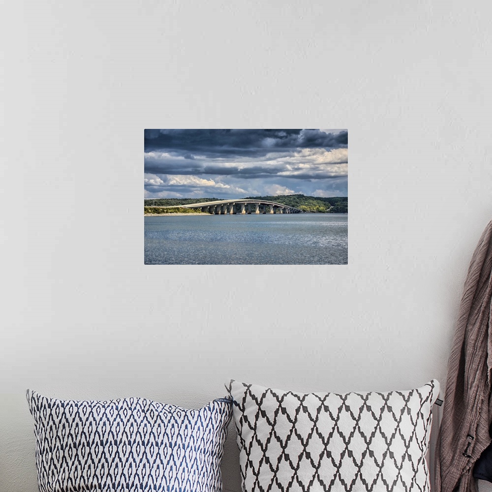 A bohemian room featuring Fine art photo of the Ned Ray McWherter bridge on the Tennessee River.
