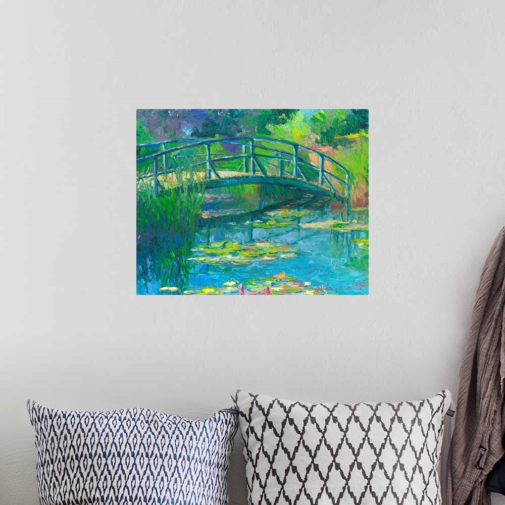 A bohemian room featuring Painting of a garden with a pond and bridge over it.