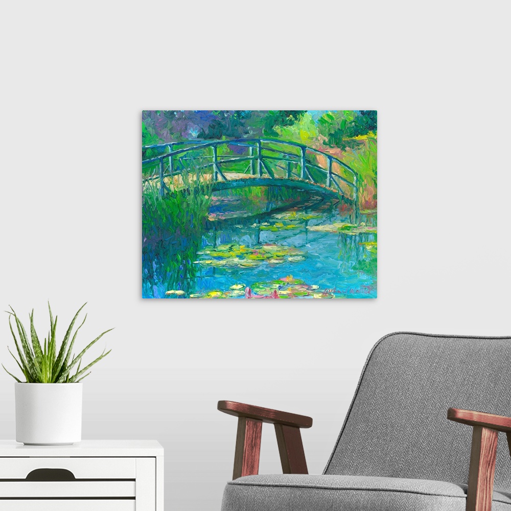 A modern room featuring Painting of a garden with a pond and bridge over it.