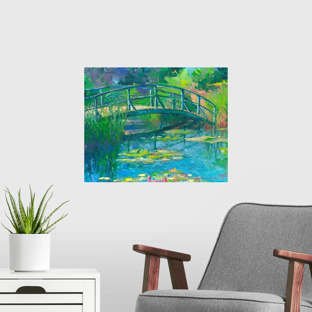 A modern room featuring Painting of a garden with a pond and bridge over it.