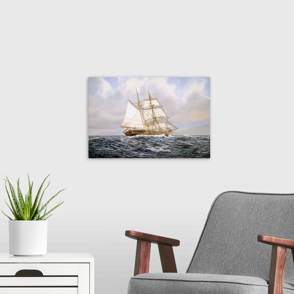 A modern room featuring Contemporary painting of an idyllic scene of a ship sailing the open waters.