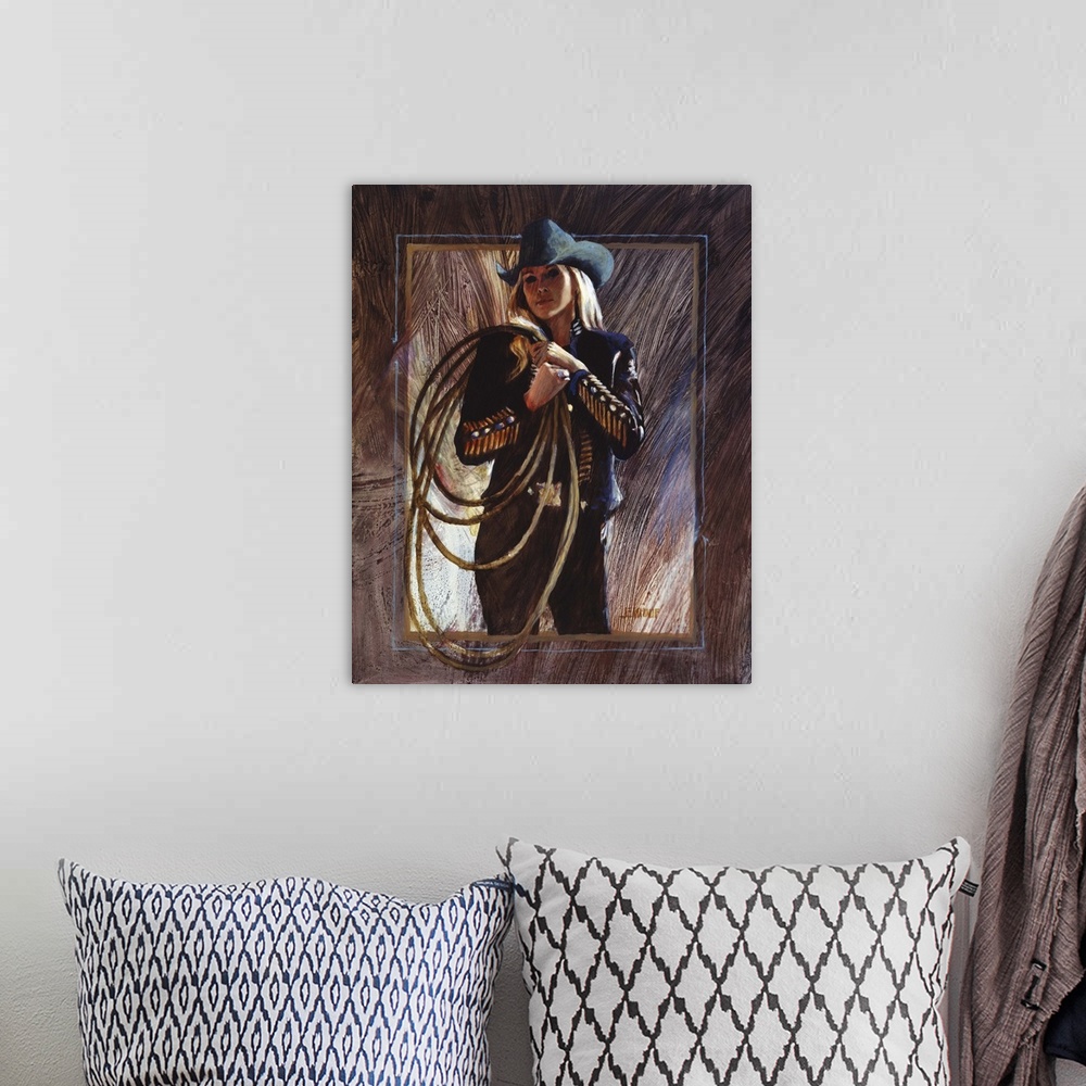 A bohemian room featuring Contemporary western theme painting of a cowgirl in black holding a lasso up.