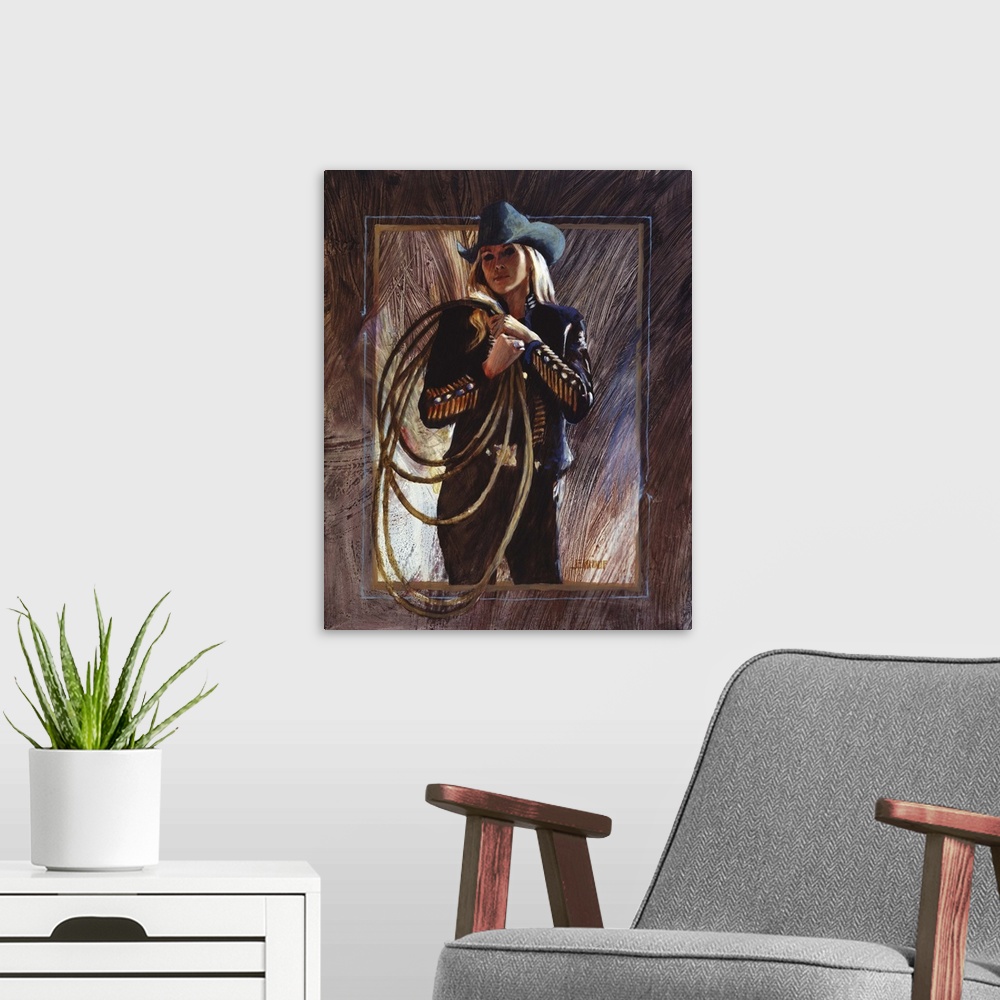 A modern room featuring Contemporary western theme painting of a cowgirl in black holding a lasso up.