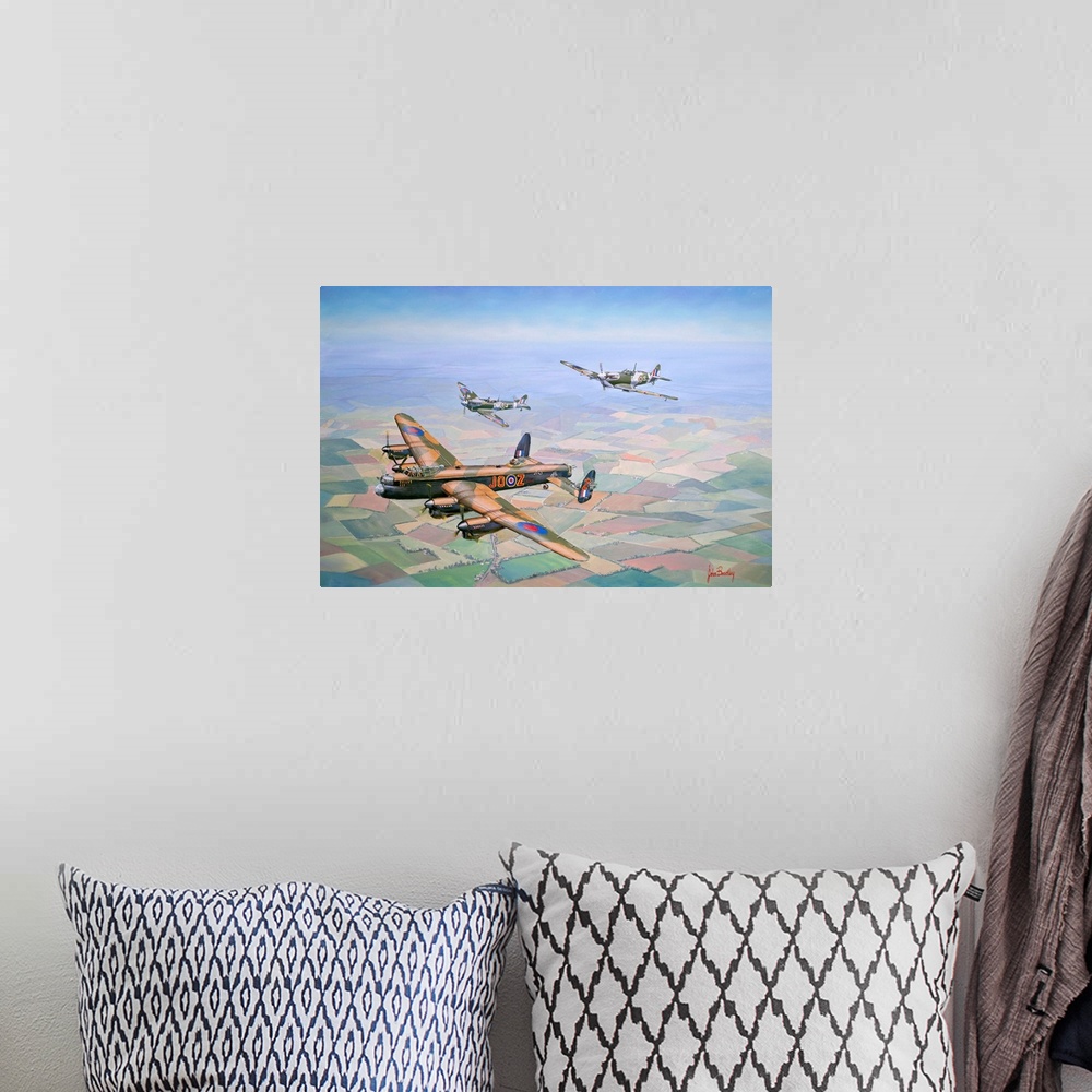 A bohemian room featuring Contemporary painting of military planes in the heat of battle.